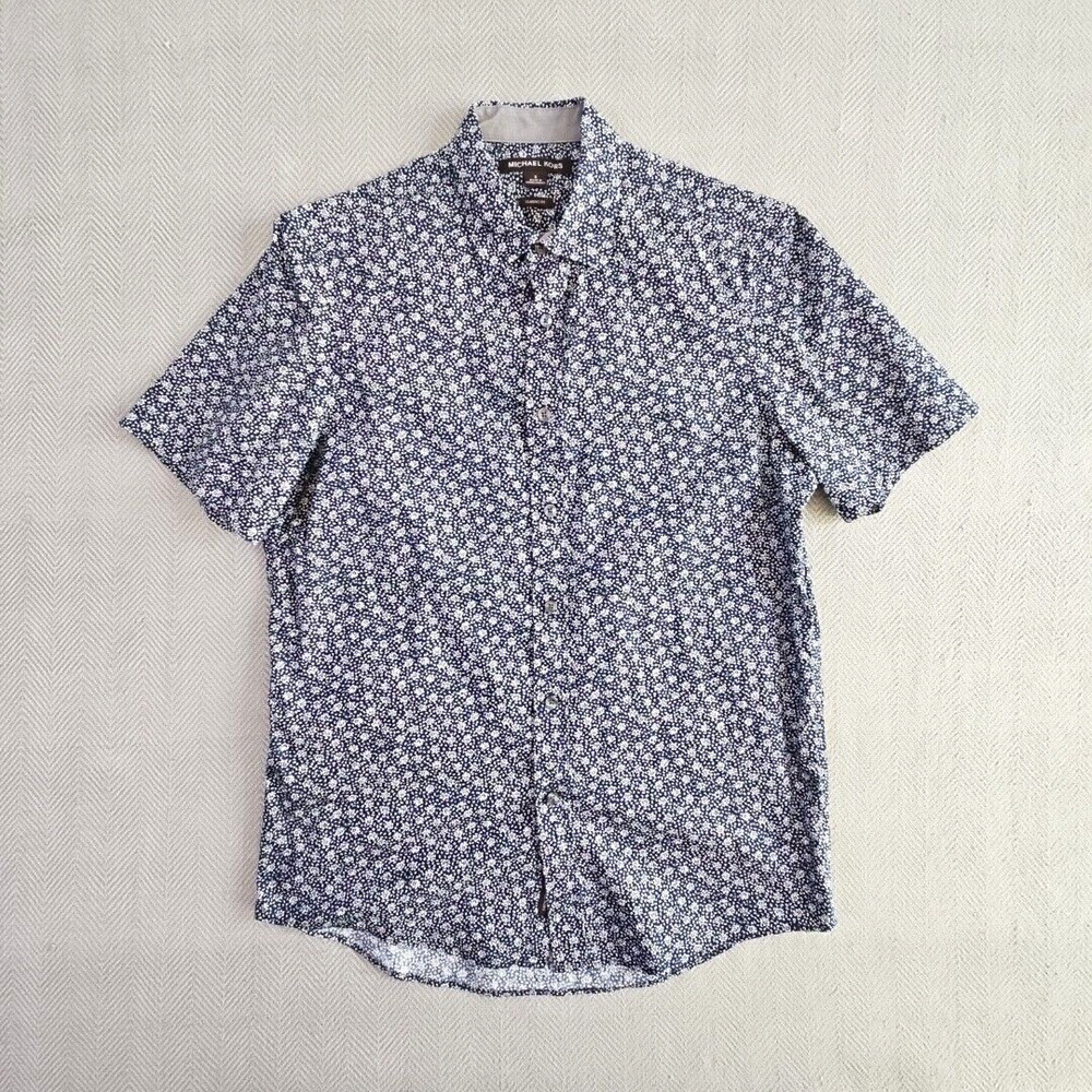 Michael Kors Men's Button Up Short Sleeve Shirt Blue Size Small Floral Classic